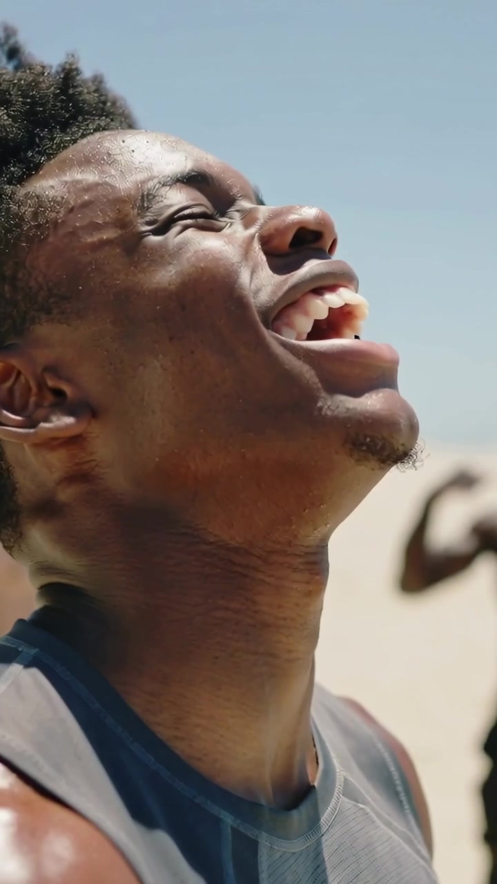 Vertical video: Breathing after run, athlete lowering hand, laughing on beach in tank top, sweating