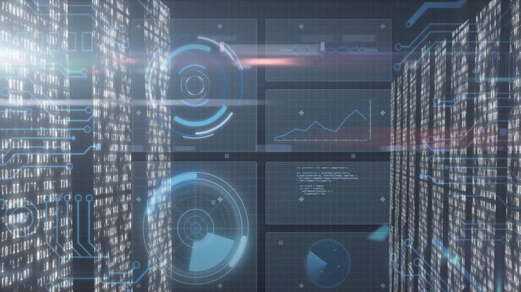 Animation of data processing with scope scanning on black background