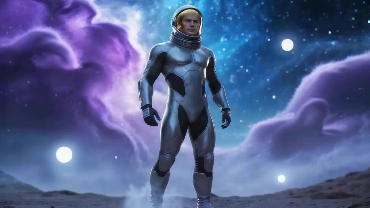 Astronaut in Futuristic Suit Against Cosmic Background