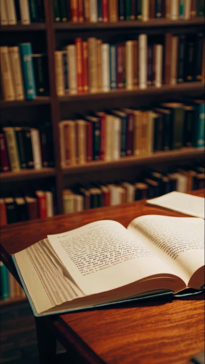 Cozy library scene with open book on wooden table, captured from a side angle