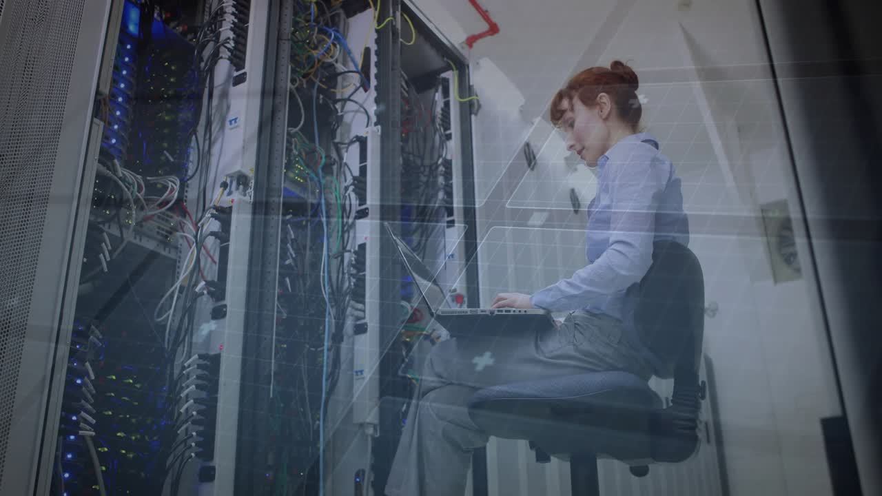 Woman IT technician touching laptop typing, checking server LEDs while HUD overlays aligning racks