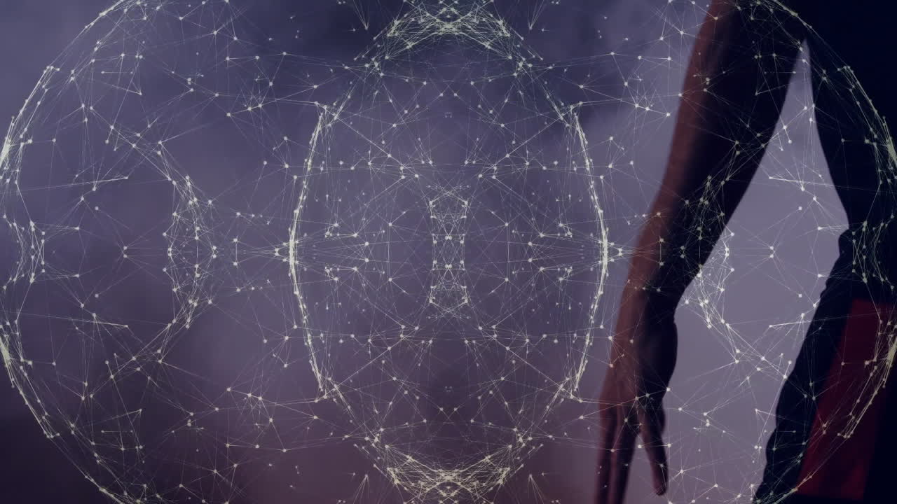 Spinning basketball in hand with animated network connections overlay in school