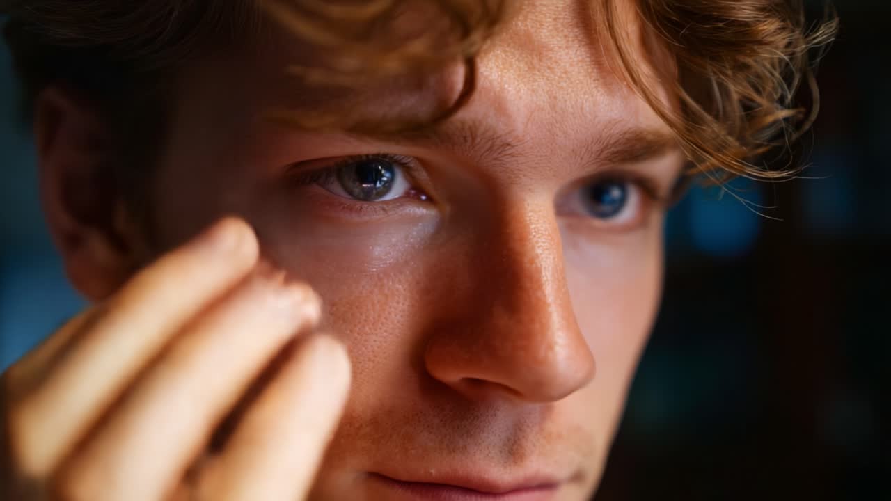 Intense Close-up of a Young Man's Emotive Expression Captured Through Soft Lighting and Detailed Features, Highlighting Depth and Reflection in His Eyes