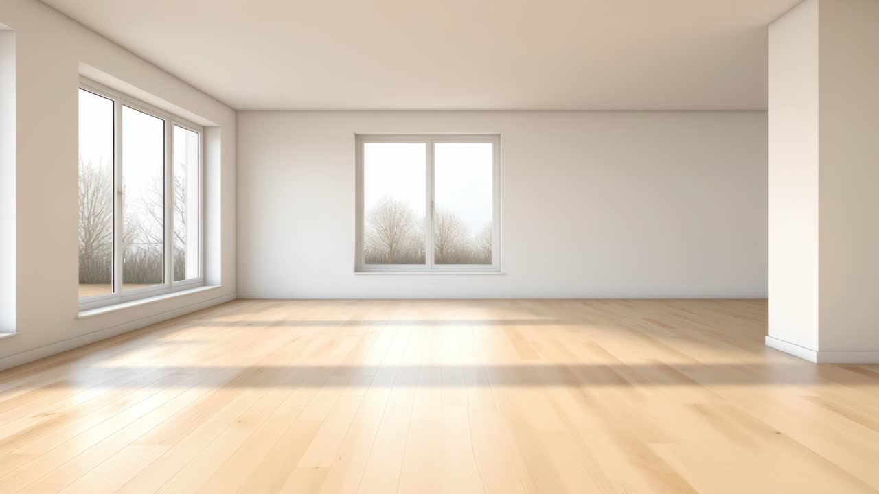 Minimalist interior with large windows and wooden floors, captured from a low angle