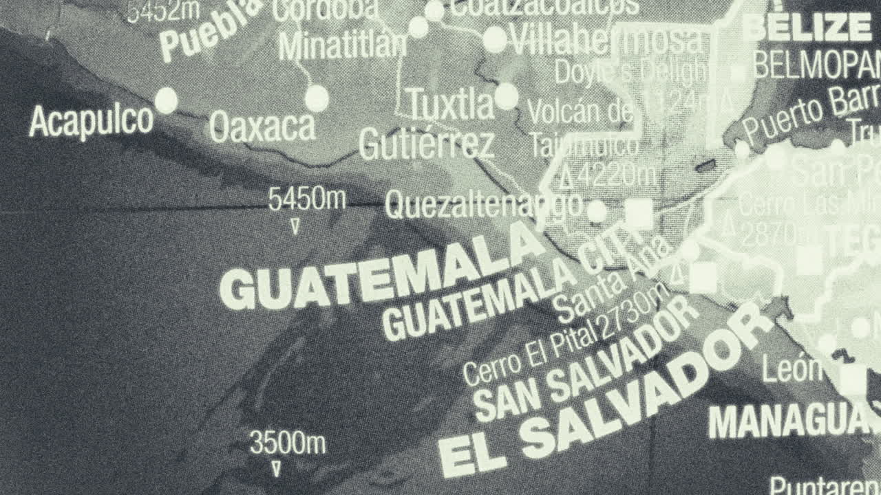 Detailed close-up of a black and white vintage map of Central America