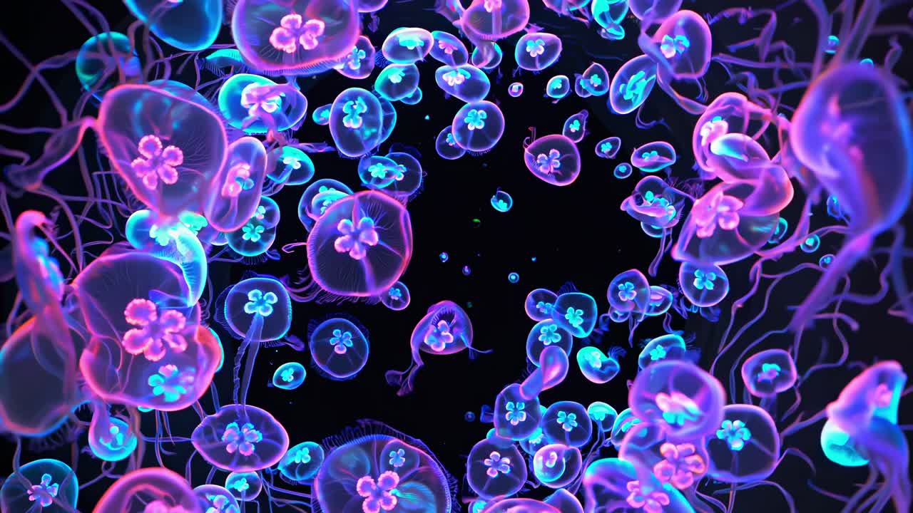 Ethereal jellyfish glide through dark waters, their vibrant colors illuminating the scene, creating a mesmerizing underwater spectacle of fluid motion and natural beauty