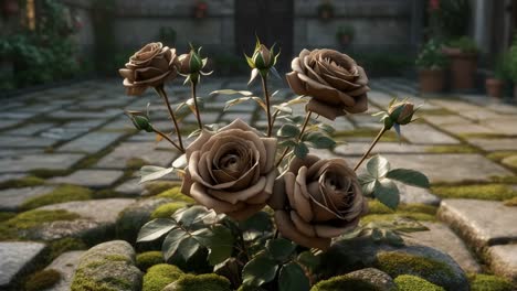 brown roses in a courtyard garden