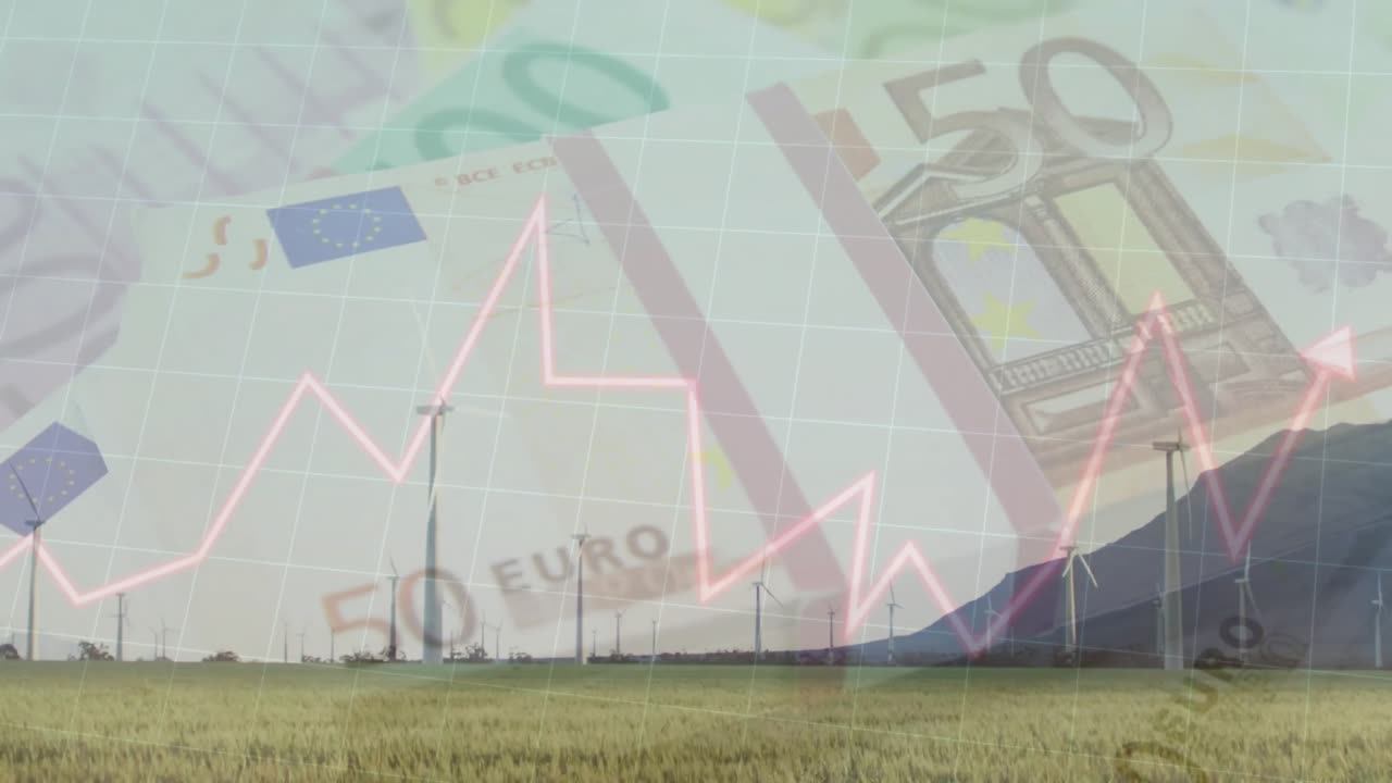 Animatie van financiële gegevensverwerking over eurovaluta en windturbines.