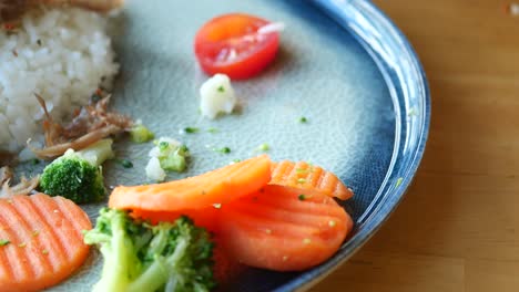 plate of rice, vegetables, and meat
