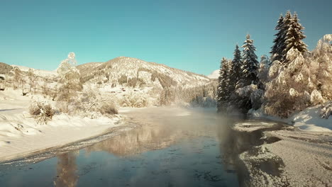 frozen river in a snowy mountain landscape