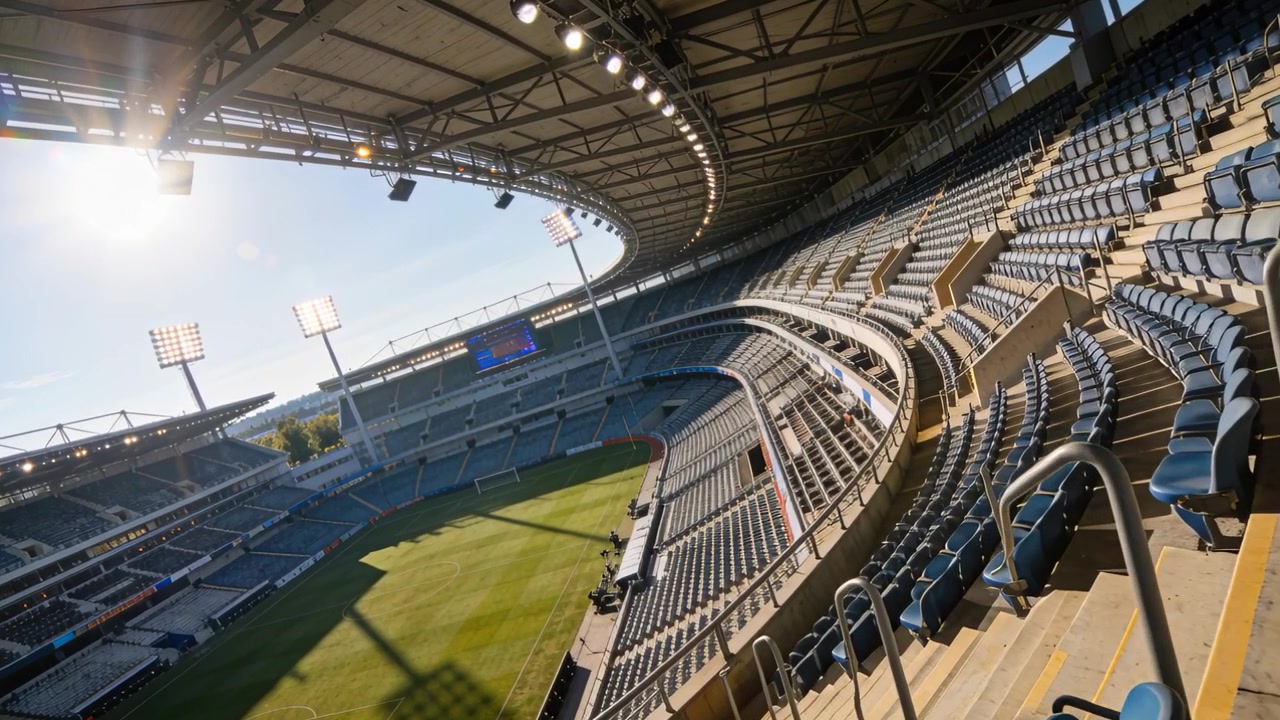 La telecamera inizia a scorrere attraverso sedili blu vuoti nello stadio, rivelando gradini, ringhiere e il bagliore del sole.