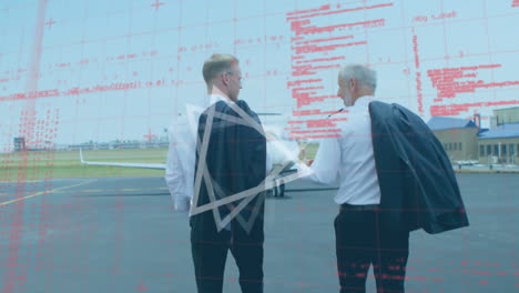 abstract shape and data processing over caucasian two pilots talking while walking on airport runway