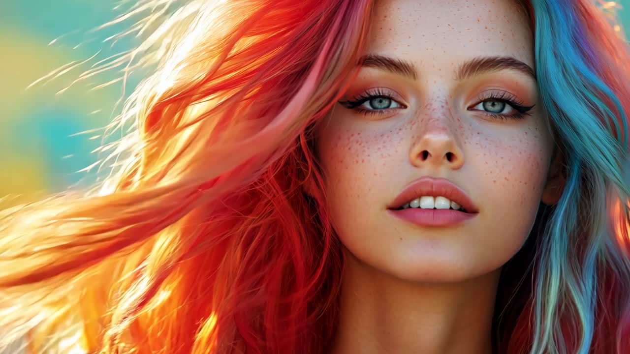 A woman with red, blue, and green hair is smiling. The image has a bright and cheerful mood