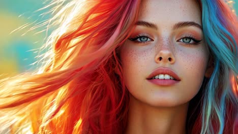 a woman with red, blue, and green hair is smiling. the image has a bright and cheerful mood