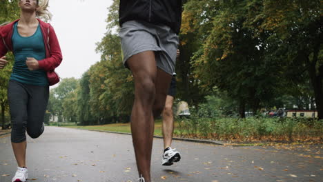 group of runners running in park wearing wearable technology connected devices