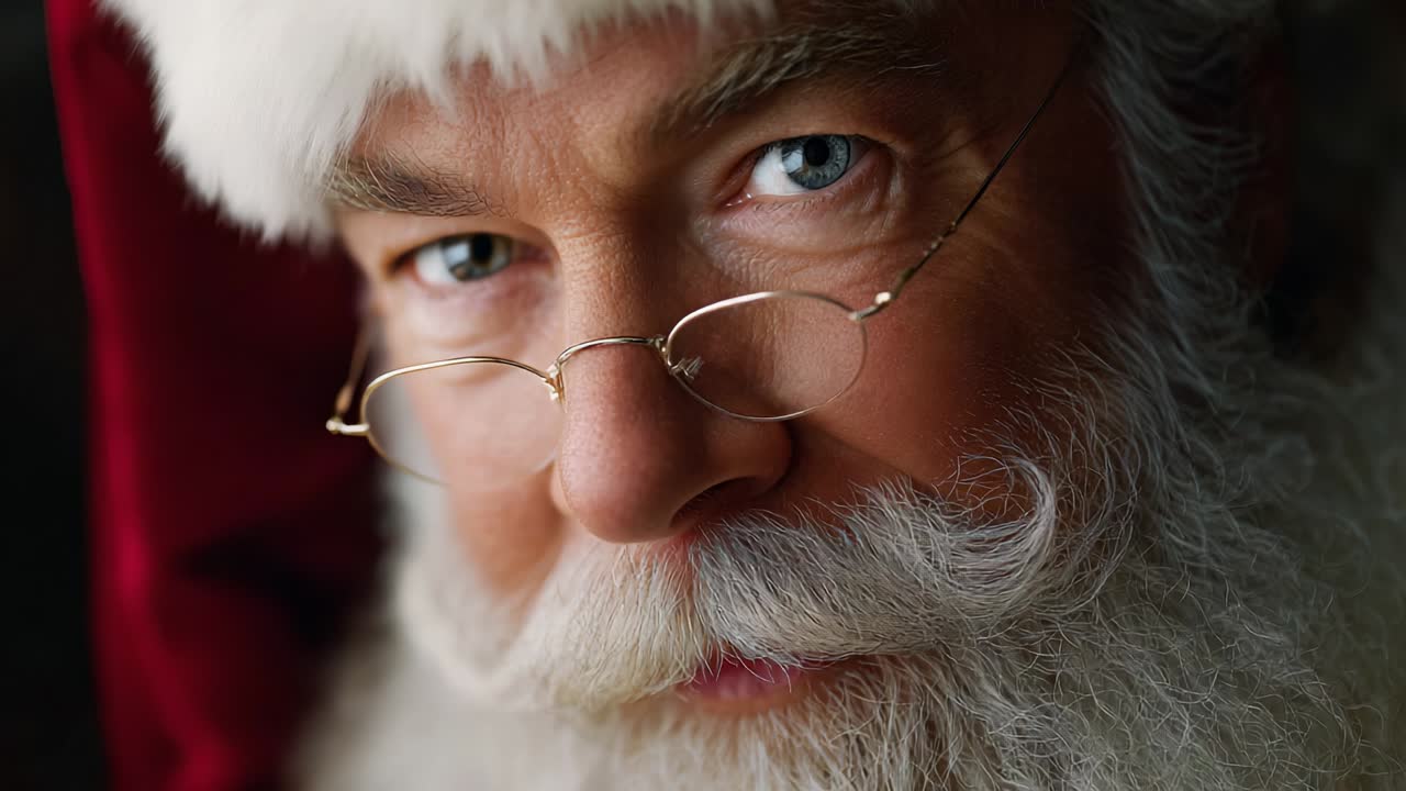 A close-up portrait of a jolly, bearded figure wearing a classic Santa hat. The cheerful expression and twinkling eyes convey a sense of warmth and holiday spirit. Perfect for festive celebrations