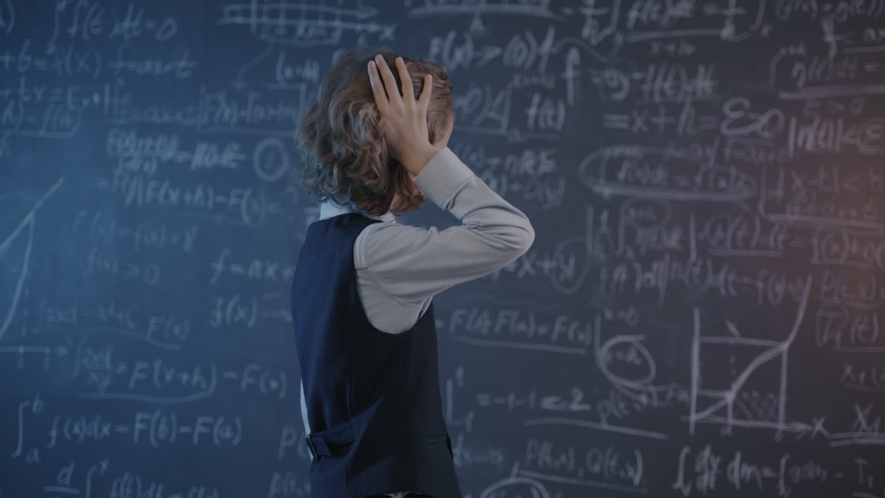 Child in front of a chalkboard with mathematical equations