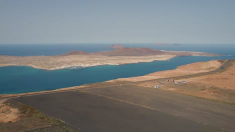 Aerial-View-Of-La-Graciosa,-Allegranza-and-Montana-Clara-islands-as-seen-from-the-Mirador-del-Rio,-Lanzarote,-Canary-Islands,-Spain