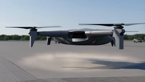 futuristic drone hovering on a military airfield