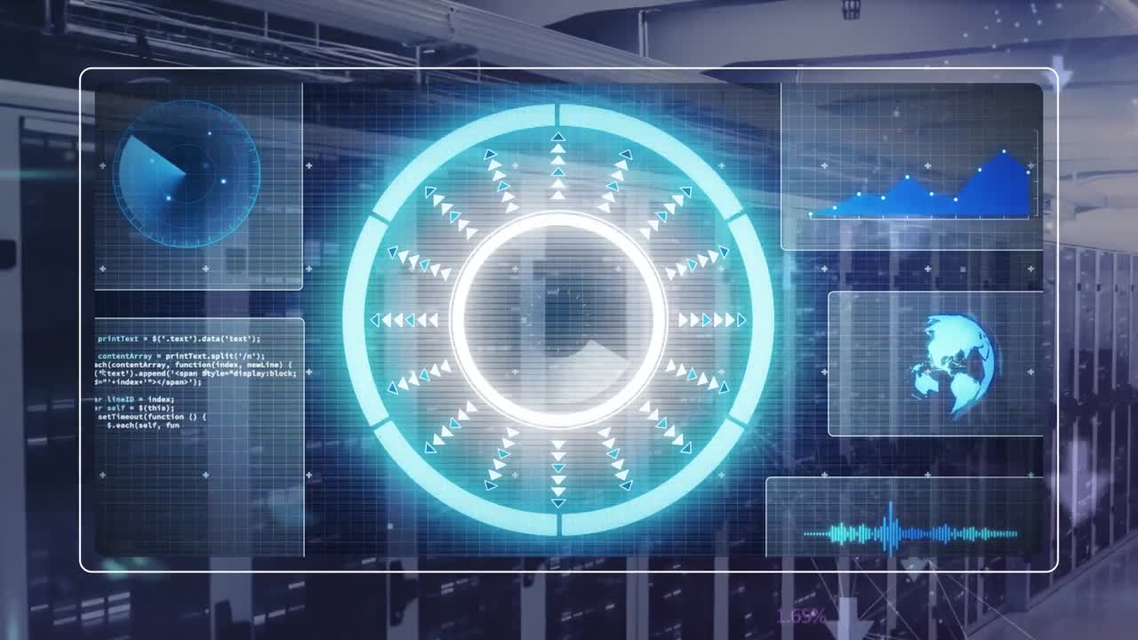 animación del procesamiento de datos con escaneo de alcance sobre la sala del servidor