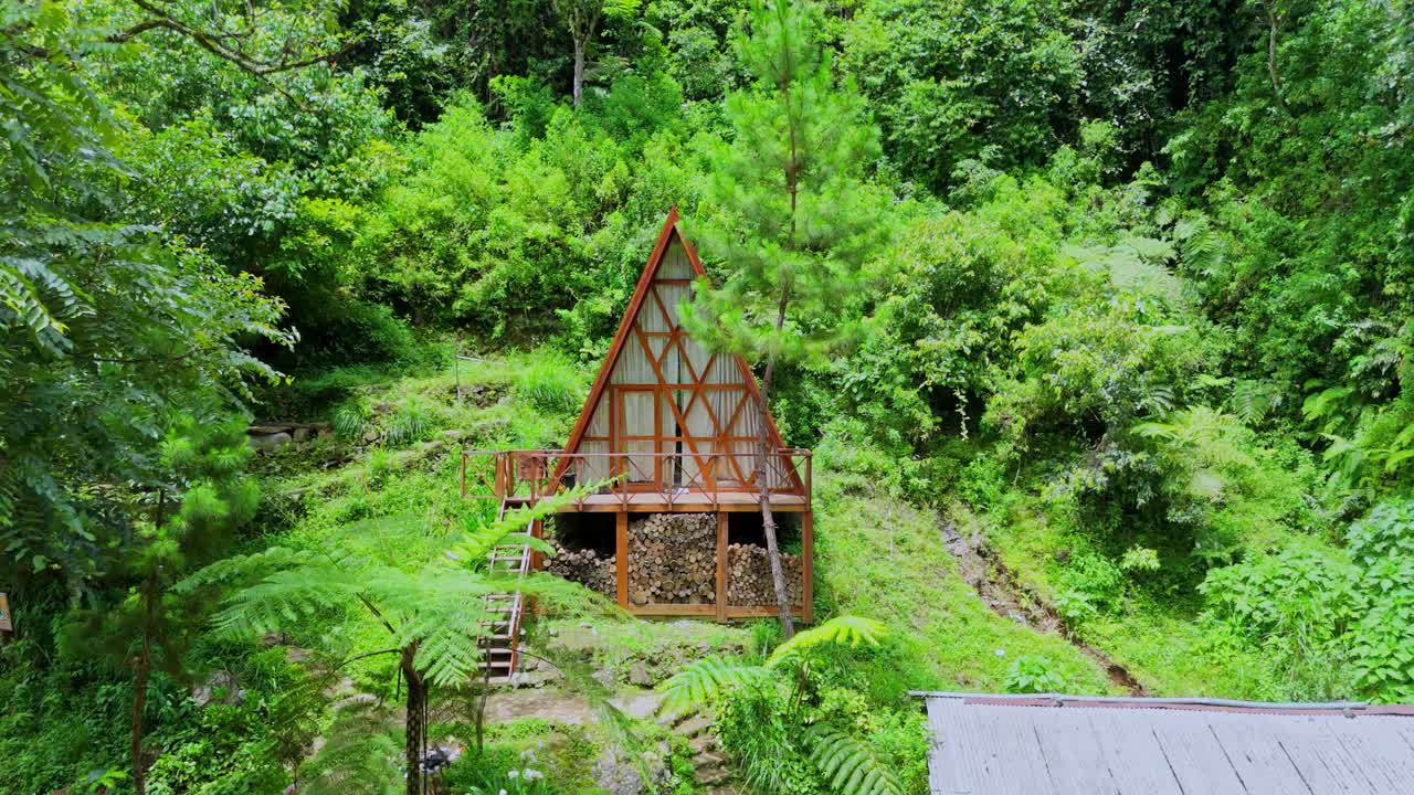 Vista aerea di una casa triangolare in legno circondata da fitta vegetazione verde e piante esotiche.