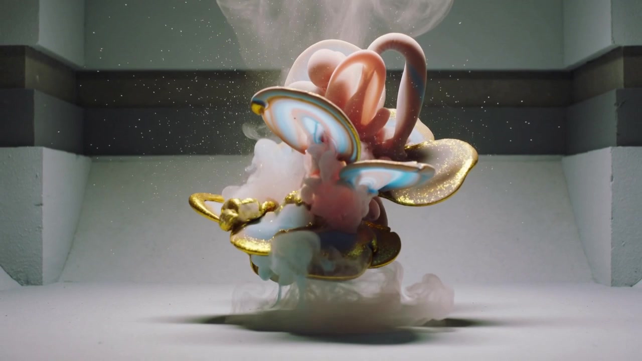 Reacting to blue vapor rising, abstract flower sculpture unfurling in lightbox, with pastel smoke