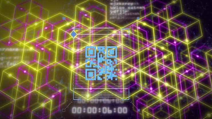 Animatie van QR-code over netwerk van verbindingen