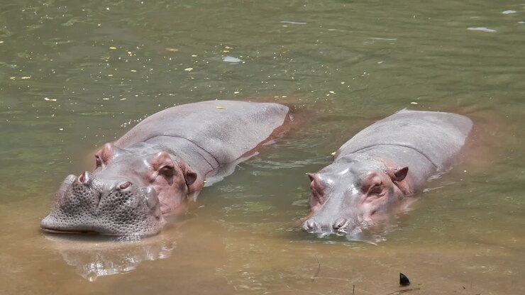 Two Hippos Relaxing in the River