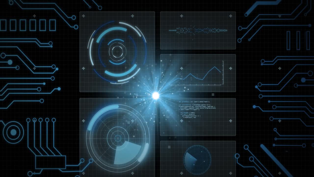 Animation of data processing with scope scanning and light spots on black background