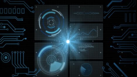 animation of data processing with scope scanning and light spots on black background