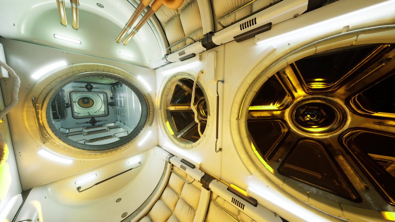 Round passage inside orbital module with glowing walls and hatch
