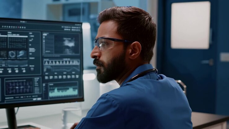 Seated man shifts his gaze away from charts on a widescreen display while remaining at the desk, with clear containers, blue cabinetry, and soft indoor lighting behind him.