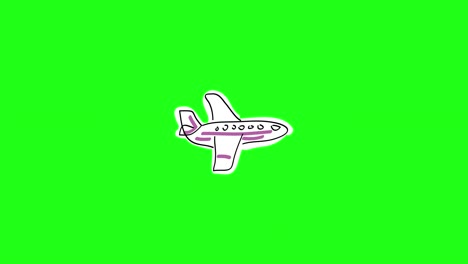 cartoon large airplane flies in sky. white passenger airbus with pink stripes. style: children's freehand drawing. 2d flat bright animation. looped video. side view. | 4k | green screen | alpha channel