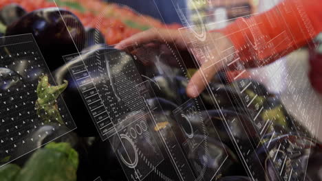 animación de gráficos y procesamiento de datos sobre mujer biracial seleccionando verduras en la tienda