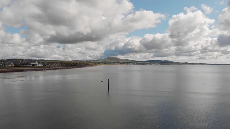 A low flight across the sea disturbing a perched bird to fly away skimming the water