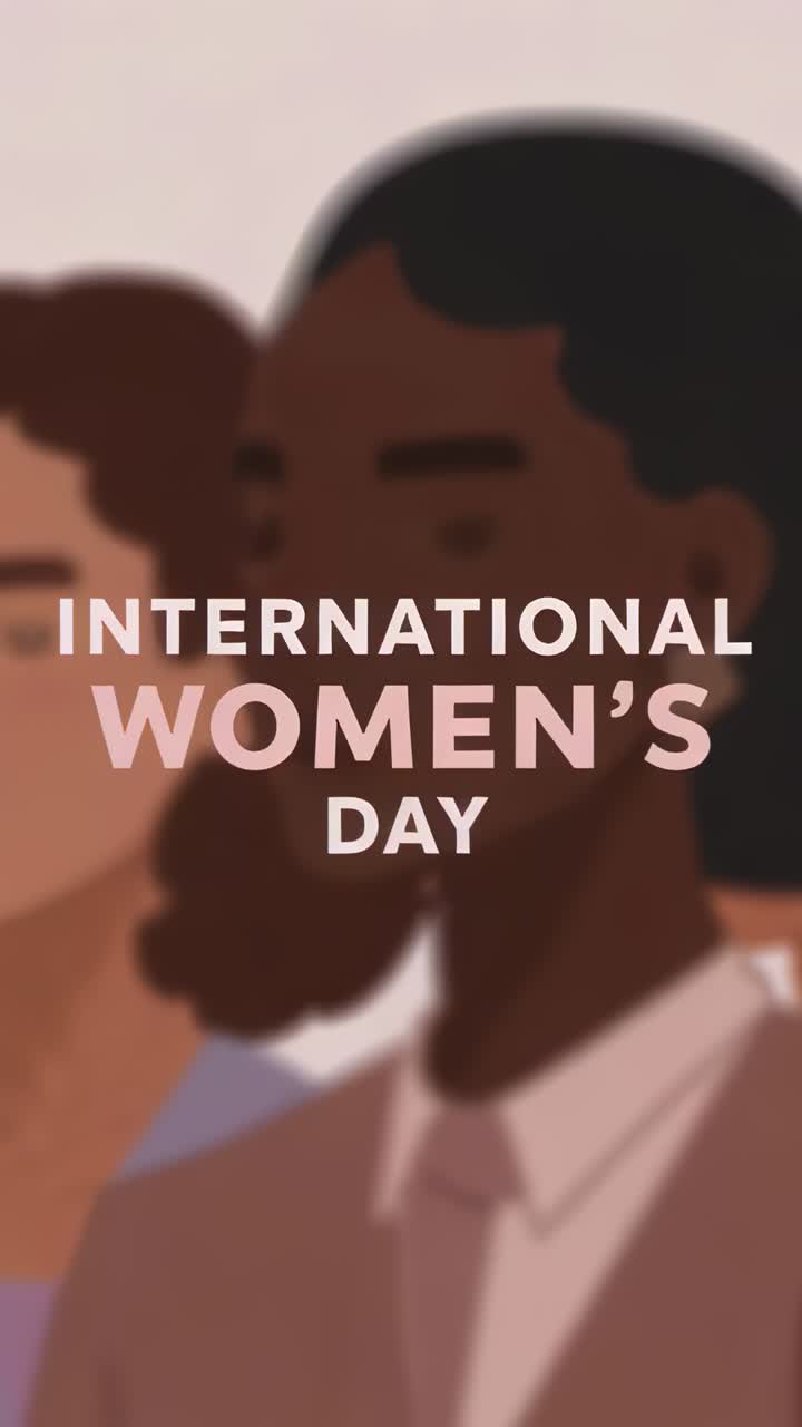 Vertical video: Opening poster showing woman in blazer, text shifting, INTERNATIONAL WOMEN'S DAY