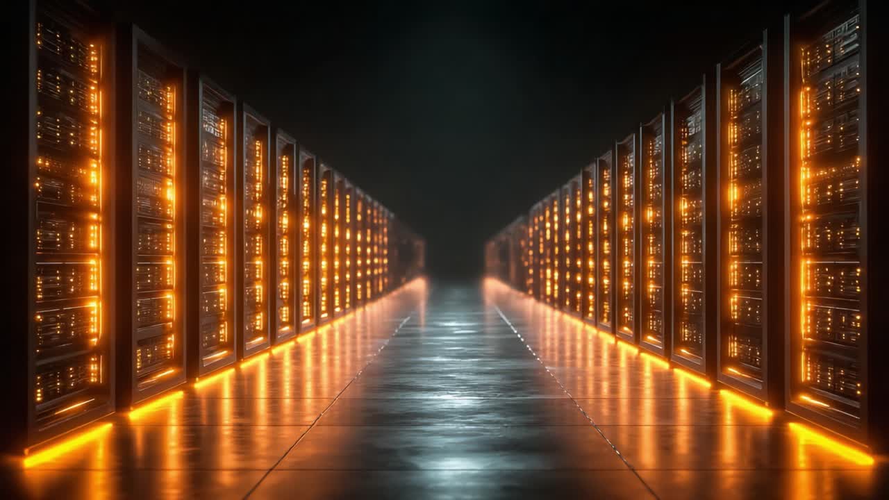 A Glimpse into a Futuristic Data Center: An Eye-Catching View of Rows of High-Tech Servers Illuminated in a Dark Environment, Showcasing Advanced Technology and Connectivity