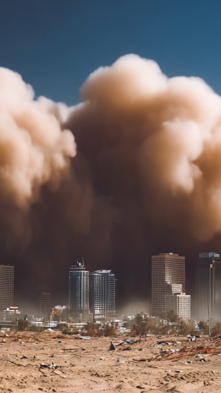 Una massiccia tempesta di polvere inghiotte lo skyline urbano, trasformando il paesaggio cittadino in una scena di furia e caos naturali mentre la visibilità crolla tra i detriti vorticosi.