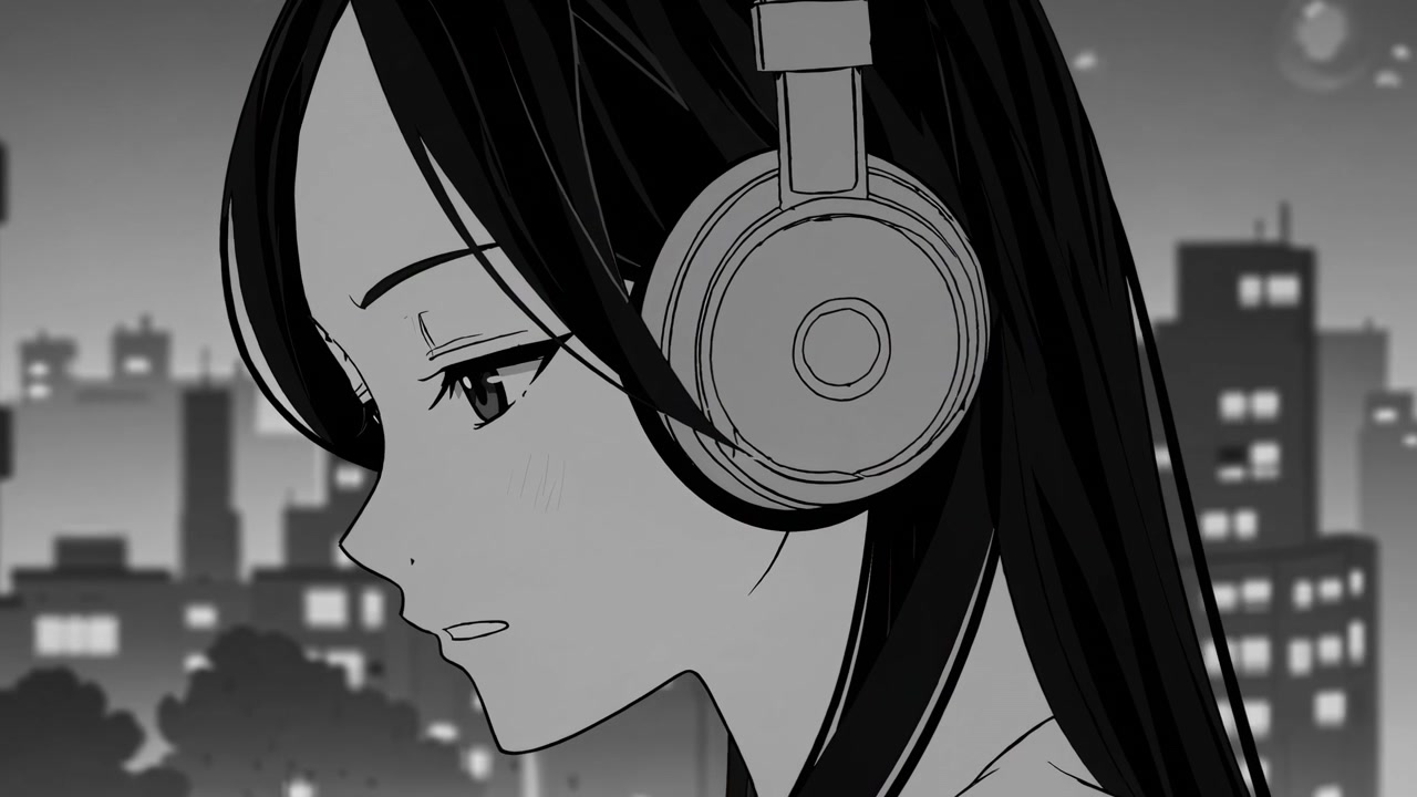 Ragazza anime con cuffie su sfondo urbano