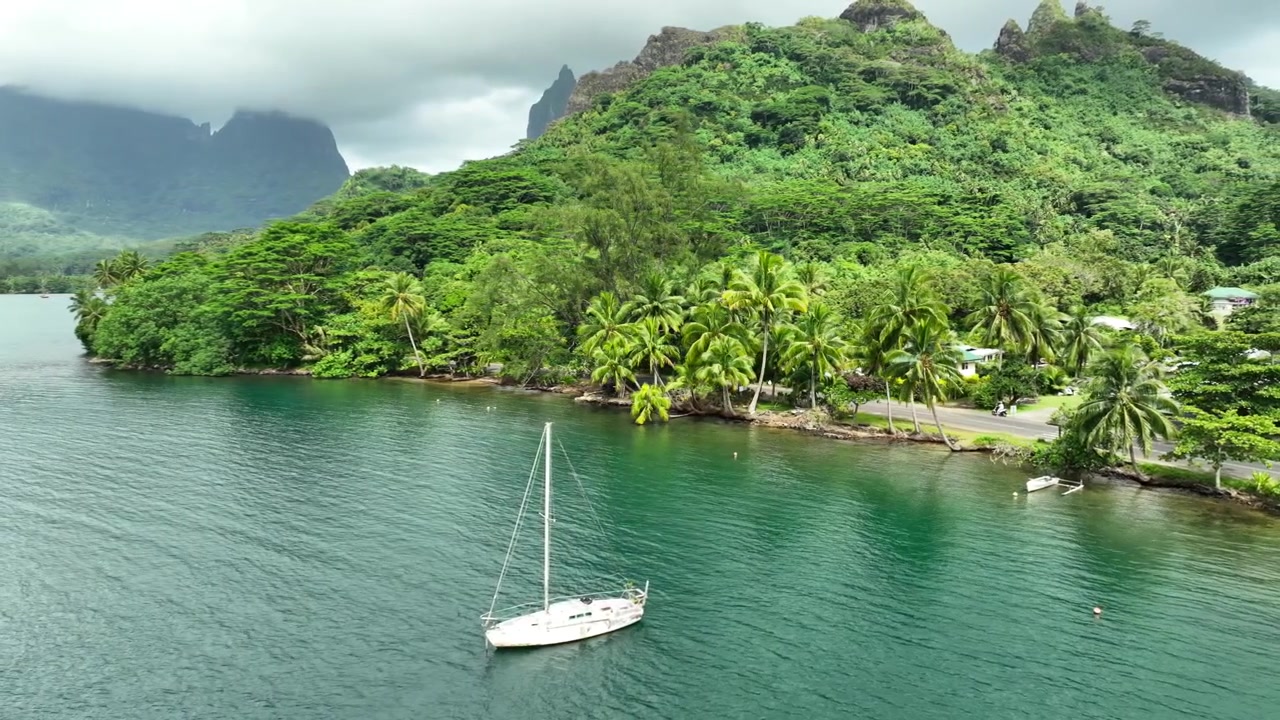 White sailboat anchors in calm green bay beside palm lined shoreline road at Moorea, French Polynesia, misty jungle covered mountains rise above tropical coastal village. Aerial drone view.