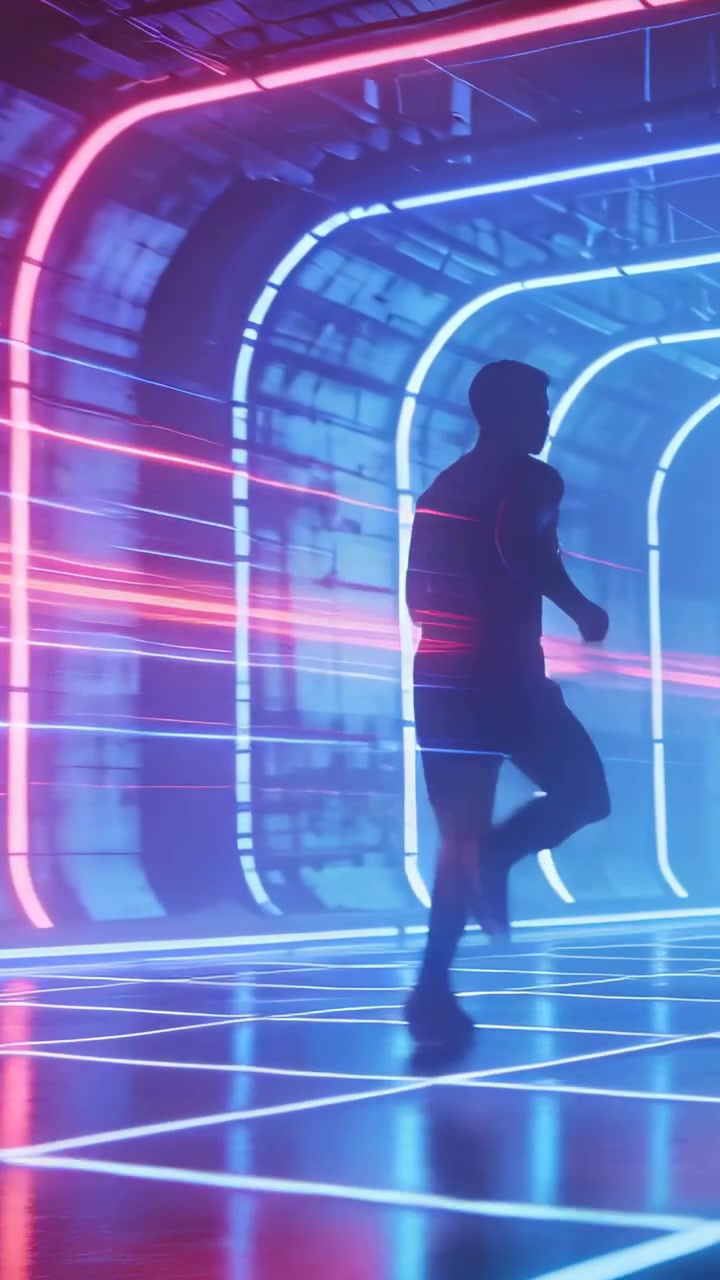 Video verticale: Luci che passano dal rosa al blu, un corridore in pantaloncini scuri che corre attraverso una griglia di tunnel LED.