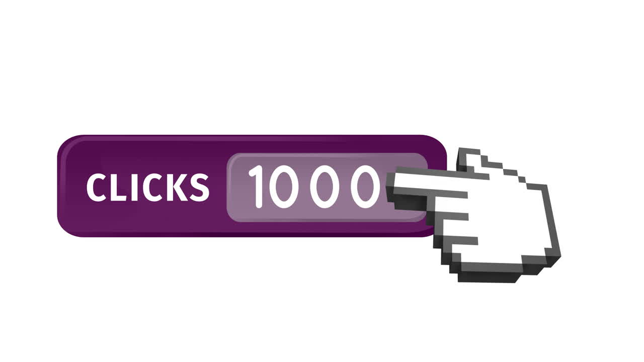 Animation of numbers and clicks text in purple banner with finger pointing on white background