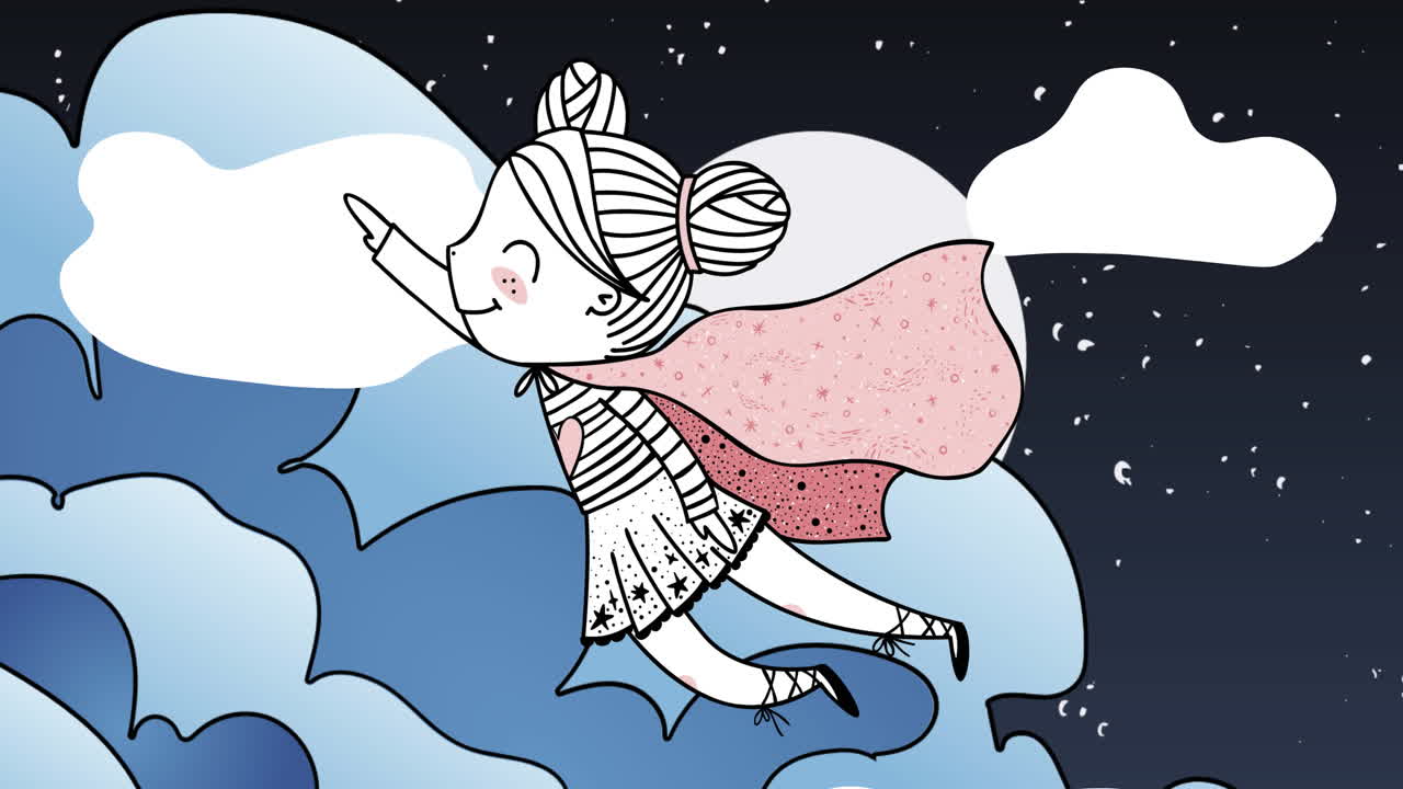 Animation of superhero fairy flying over clouds on night sky