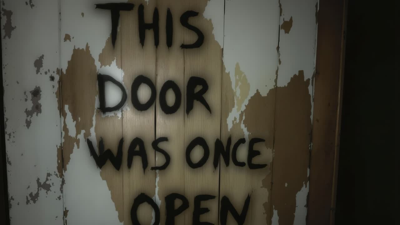 Slightly open door with graffiti revealing a dark interior with a dim light in the background, creating a mysterious and suspenseful atmosphere