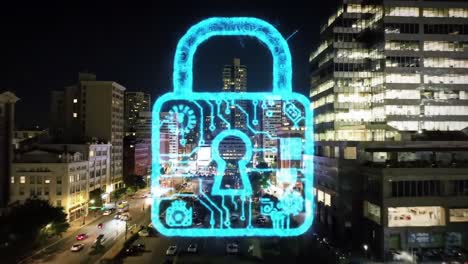 a digital lock overlaying a cityscape at night, symbolizing cybersecurity and data protection in an urban environment with technological elements