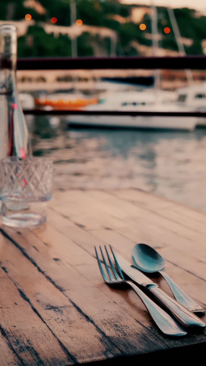 Close up view of a set table and the atmosphere at a restaurant near a port in the south of France