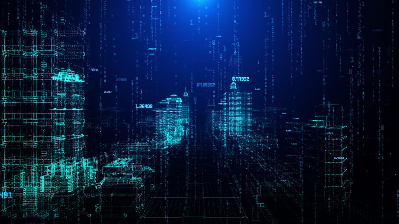 4k smart world technology digital smart city 3d architecture building hologram scan loop background