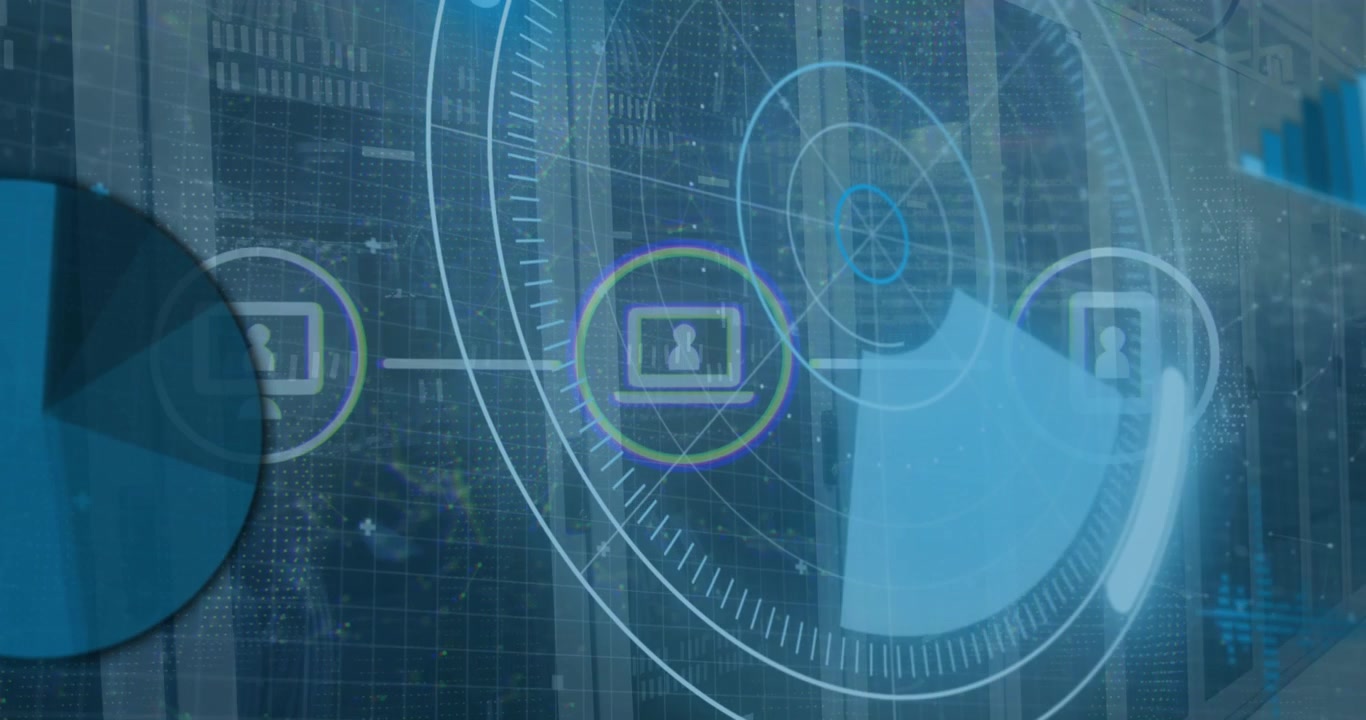 Animation of scope scanning with icons and data processing over server room