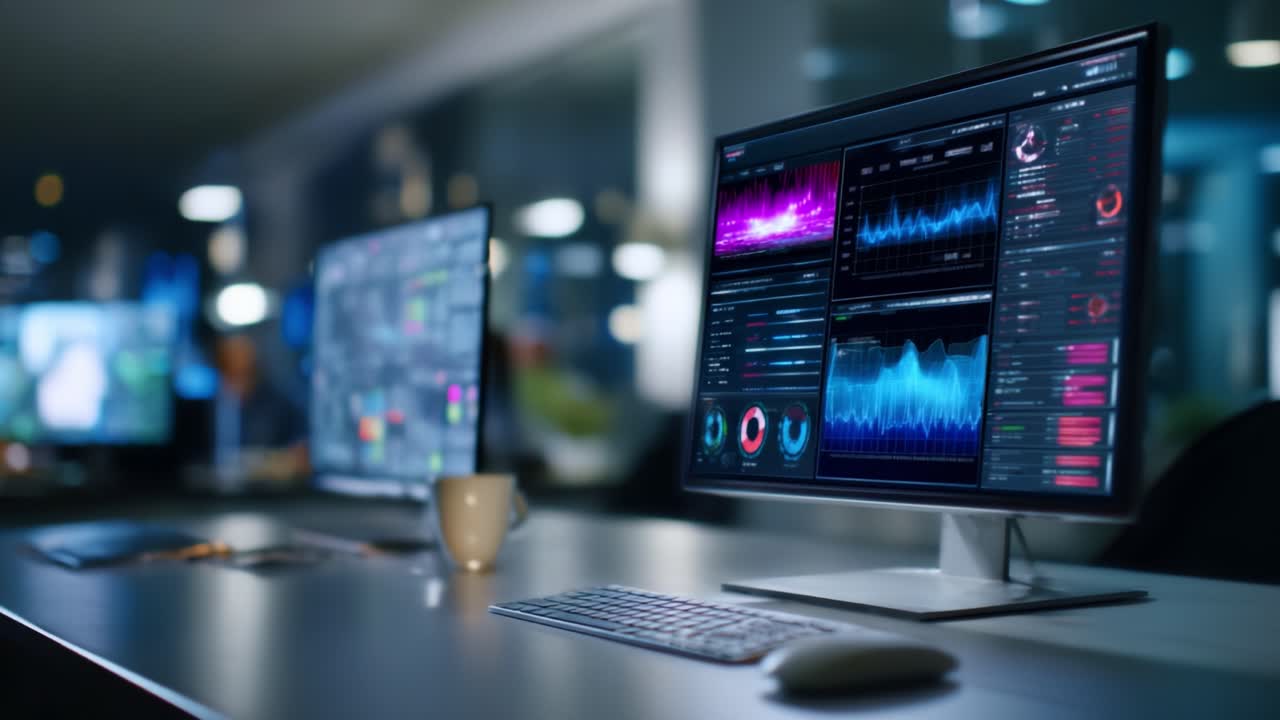 Tela de análise de alta tecnologia: uma estação de trabalho elegante com visuais e softwares sofisticados em vários monitores, capturando tendências de dados e insights analíticos