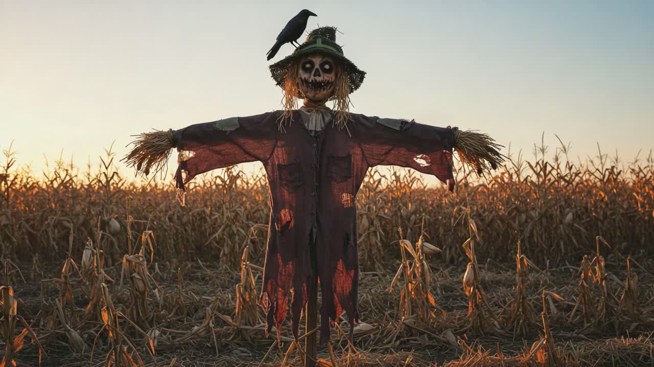A hauntingly captivating scarecrow stands in a golden cornfield, adorned with tattered clothing and a playful crow perched upon its head at dusk, embodying the spirit of harvest season